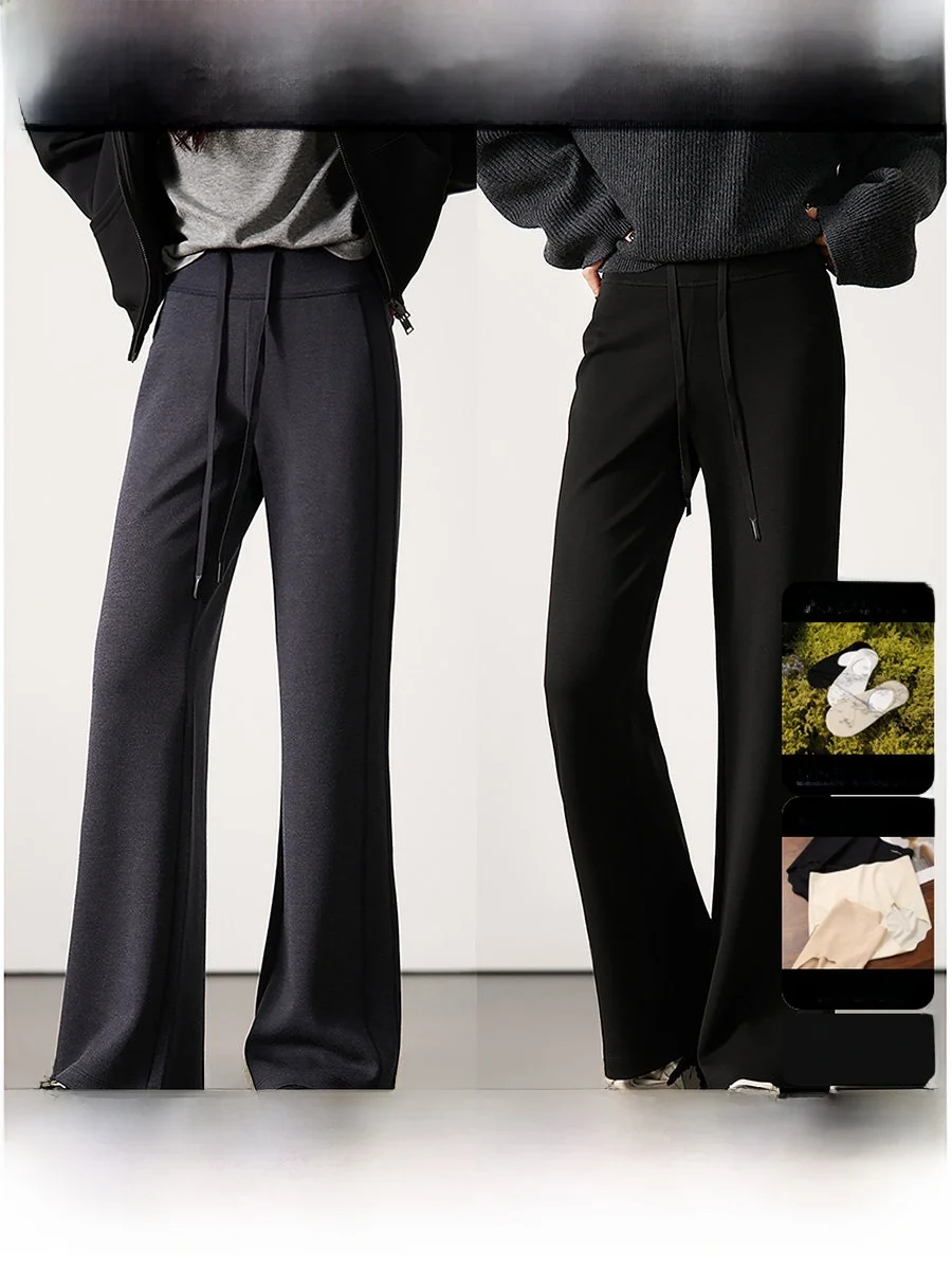 

Slimming Effect Bell Bot Pants Elastic Waist Cord Design Wool Blend Comfortable Fit Long Trousers for Women Casual Wear