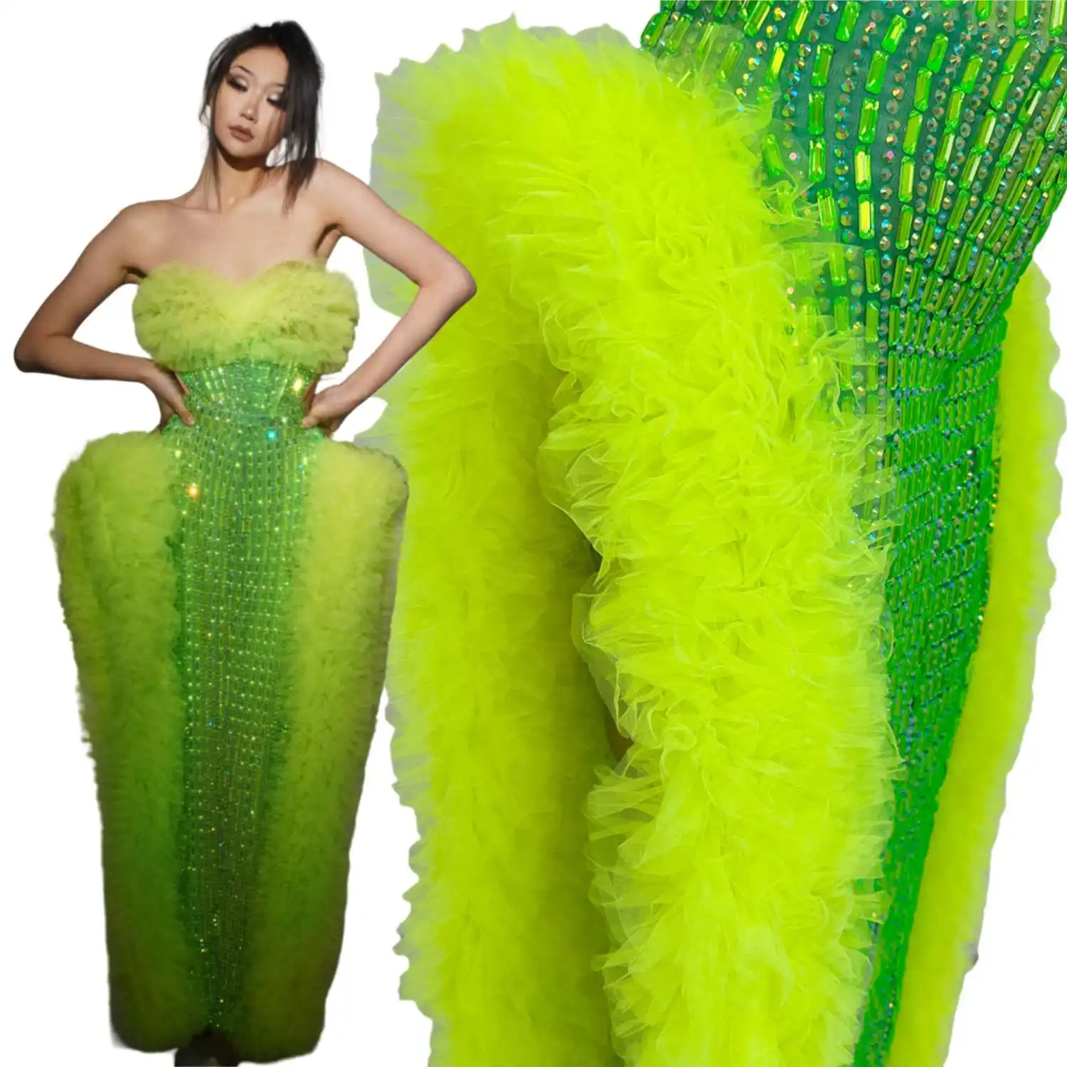 

New Strapless Sparkly Crystals Gauze Pleated Long Dresses Sexy Women Celebrate Party Evening Dress Nightclub Bar Outfit Guiren