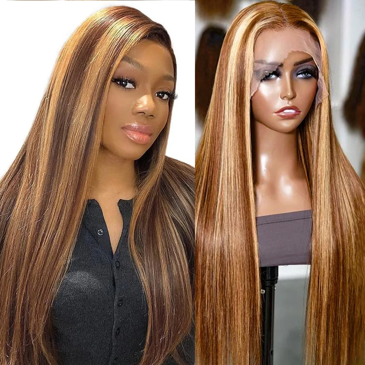 

200 Density 4/27 Highlight Lace Frontal Wig Preplucked Ombre Blonde Color Straight 36Inch Transparent 13x6 Lace Human Hair Wigs