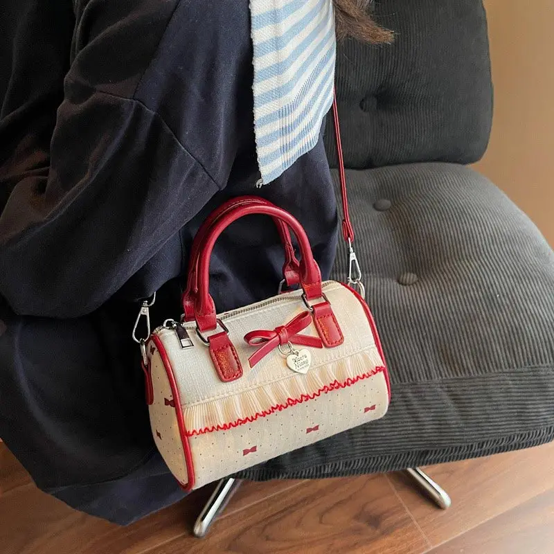 Koreanische Bogen Polka Dot Tasche Mode Bowler Tasche Farbe-blockiert Spitze Y2k Stil Handtasche Retro Süße Plaid Crossbody Zipper schulter Tasche – Detail 22