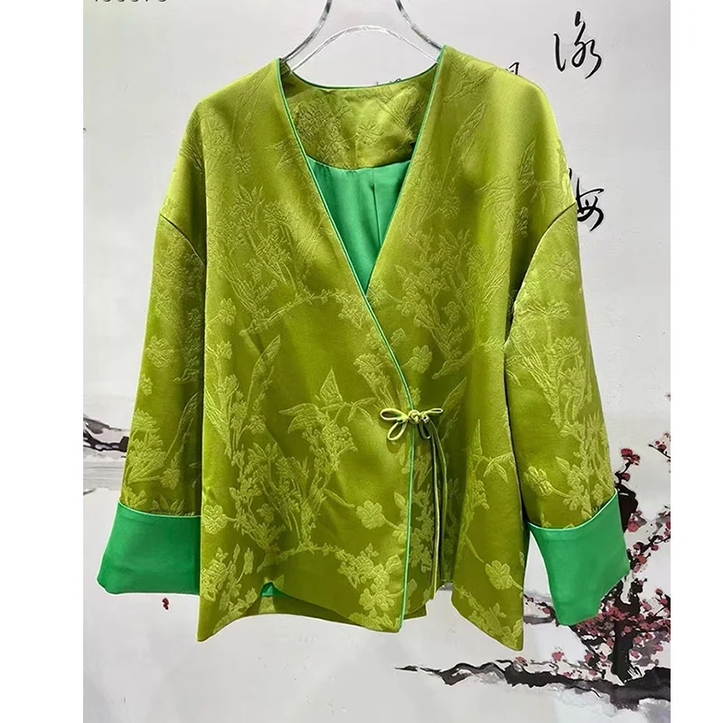 

Autumn New V-Neck Chinese Style Tassel Single Button Jacquard Raglan Sleeve Contrasting Color Cuffs Women's Loose Jacket S-XL