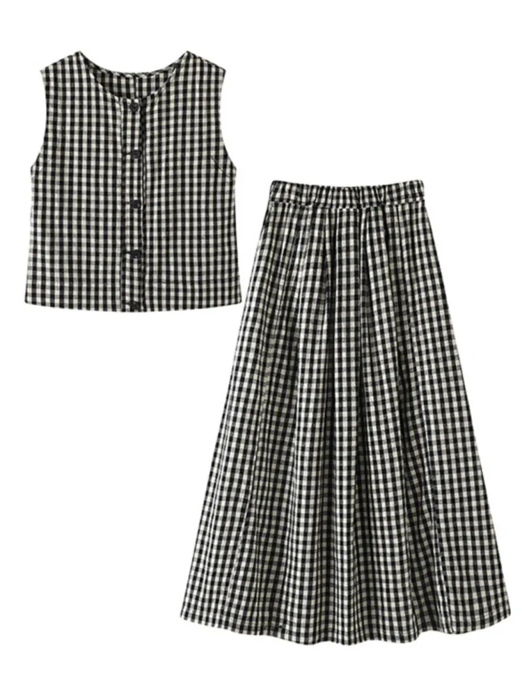 

Black White Plaid Sleeveless Tank Top And Long Skirt Summer Outfits O-neck Vest Top Pleat Skirt Casual Two Piece Set 2025 New