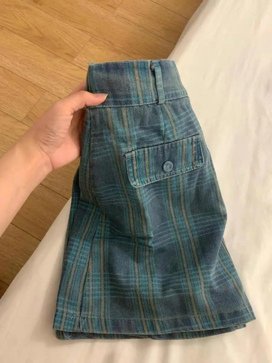 Women Green Plaid A-line Denim Skirt Vintage 90s Aesthetic Y2k Mini Cowboy Skirts Harajuku Short Jeans Skirts 2000s Clothes 2025