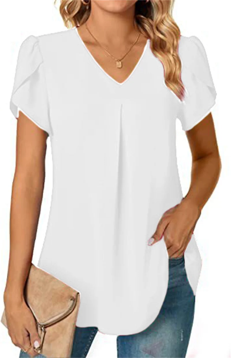 Sexy V Neck Ruffle Short Sleeve Blouse Shirts Summer Women V Neck Solid Color Loose OL Workout Blouse Tops