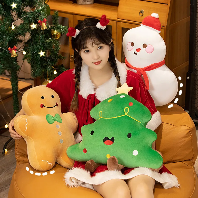 Christmas Plush Throw Pillow Set – Gingerbread Man Snowman Tree Soft Stuffed Toy, Holiday Home Decor Cushion Ornament