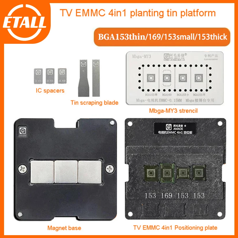 Amaoe TV EMMC 4 w 1 Reballing Stencil Jig Platform BGA153 BGA169 Narzędzia naprawcze z płytą lokalizacyjną Mbga-MY3 Magnetyczna podstawa