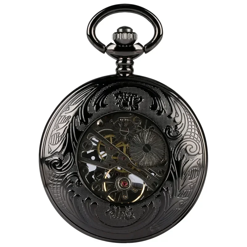 Antique Black Skeleton Unisex Mechanical Hand Wind Poket Watch Transparent Glass Steampunk Roman Number Clock Fob Pendant Chain