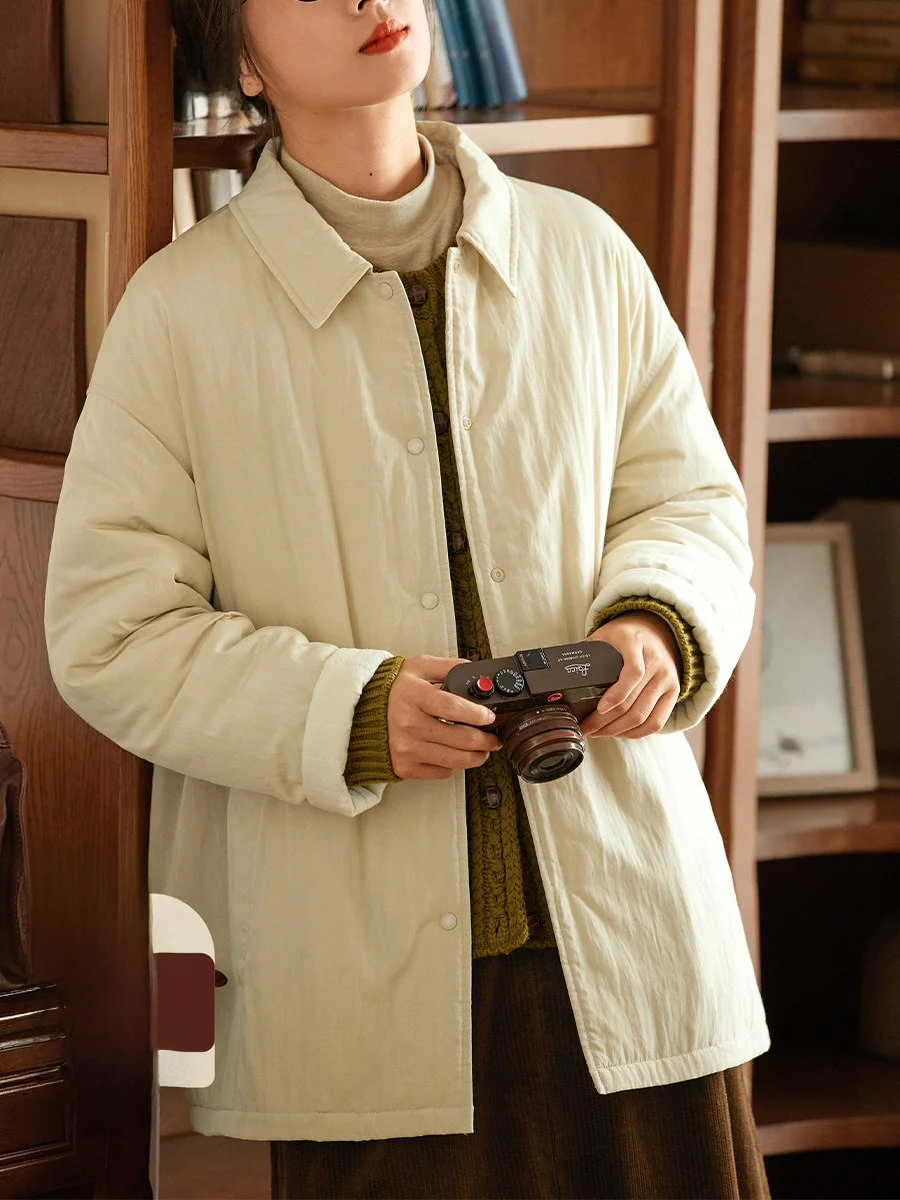 

Повседневное универсальное хлопковое тюлевое женское пальто средней длины, легкое свободное пальто с воротником, светло-бежевая зимняя верхняя одежда