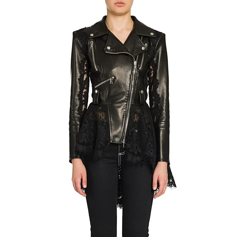 Veste en peau de mouton importée de luxe pour femmes, veste en cuir de motard coupe ajustée avec coutures en dentelle à la mode vestes en cuir véritable pour femmes