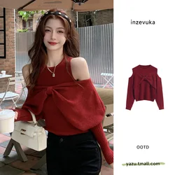 Women's Red Pullover Knitted Sweater Elegant Harajuku Y2k Long Sleeves Slim Knit Sweaters Jumper Vintage 2000s Clothes 2024