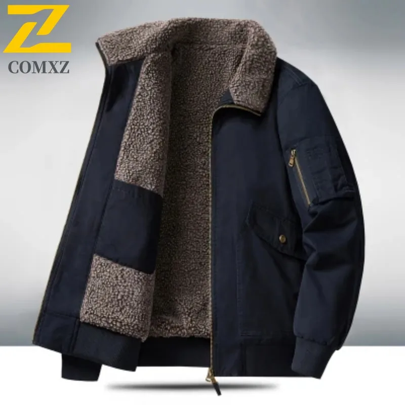 

COMXZ Men Winter Jacket Fleece Lined Thickened Middle Aged Workwear Cotton Coat Plus Size Cold Proof Windproof Parker Coat