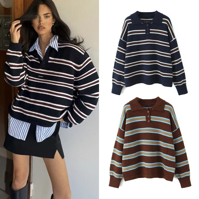 

2025 New Women's Knitted Shirt POLO Collar Color Block Striped Y2K Fashion Tops Elegant Fall Knitwear
