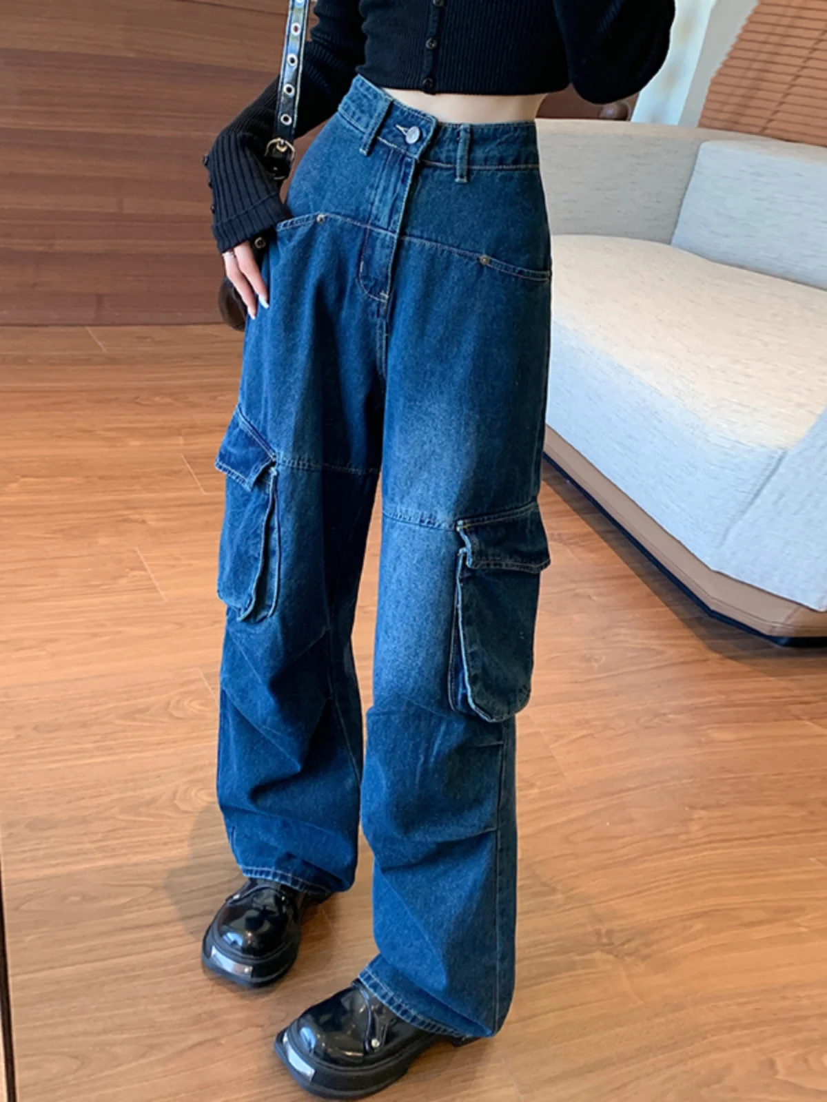 American Style High Waist Wide Leg Workwear Jeans Women's Spring Autumn Large Size Chic Long Pants Floor-Length Trousers