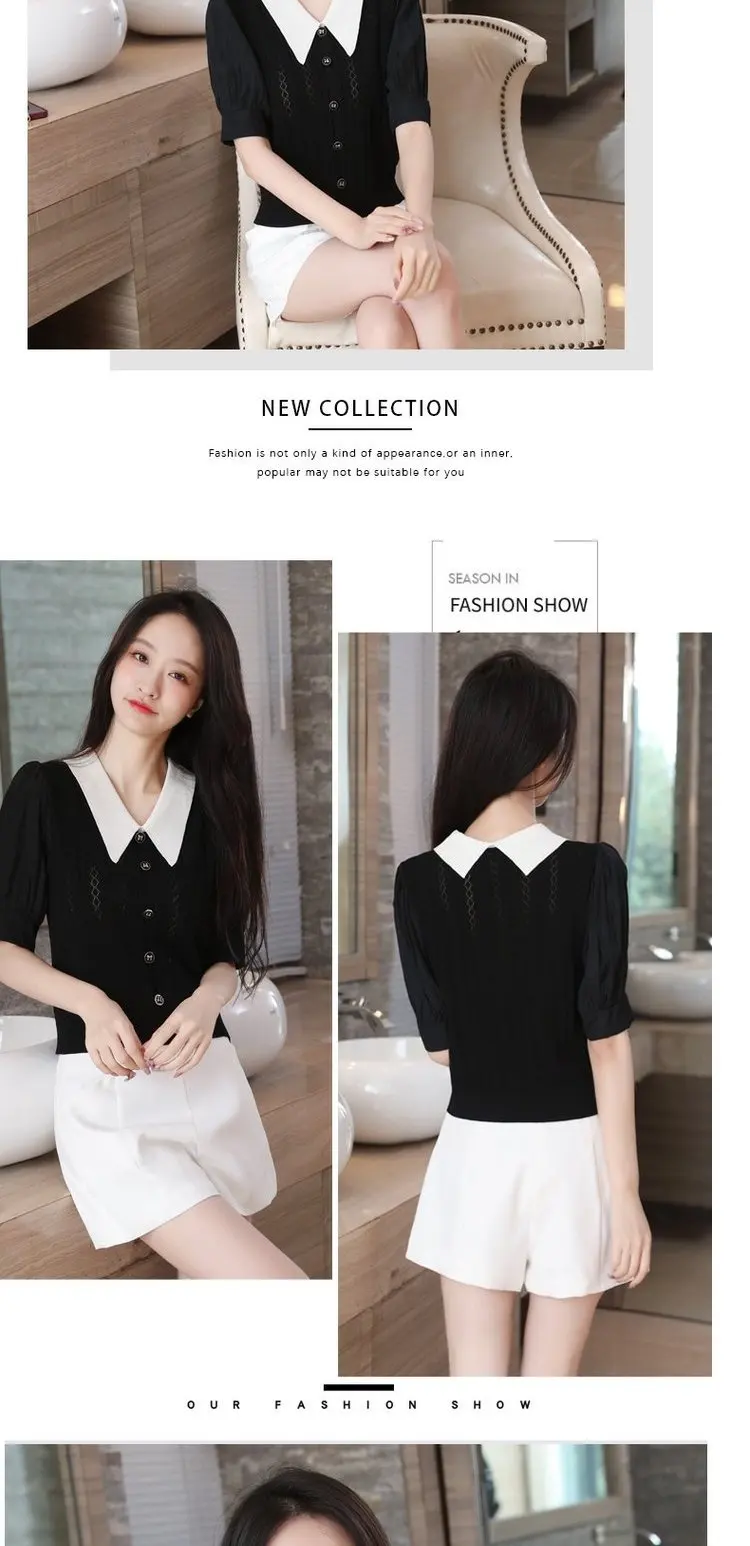 V-neck Ice Silk Short Sleeve Sweater For Women