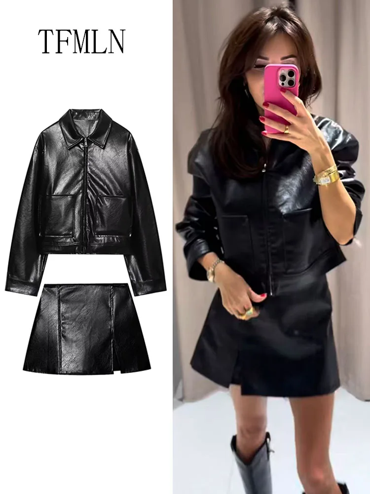 

Женская куртка из искусственной кожи в стиле ретро + юбка, короткие комплекты, новинка 2023 года, шикарные повседневные карманы с лацканами, свободные пальто, юбка на боковой молнии, короткие наряды