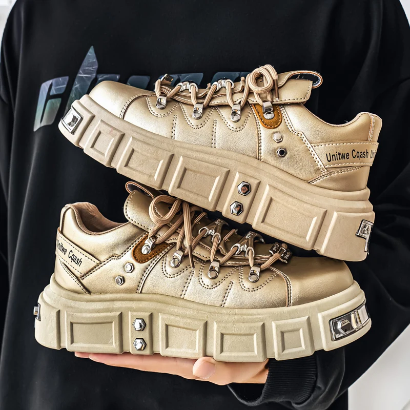 

Модные золотые кроссовки на платформе, мужские дизайнерские туфли в американском стиле в стиле панк, мужская уличная обувь, удобная мужская обувь для скейтборда на шнуровке