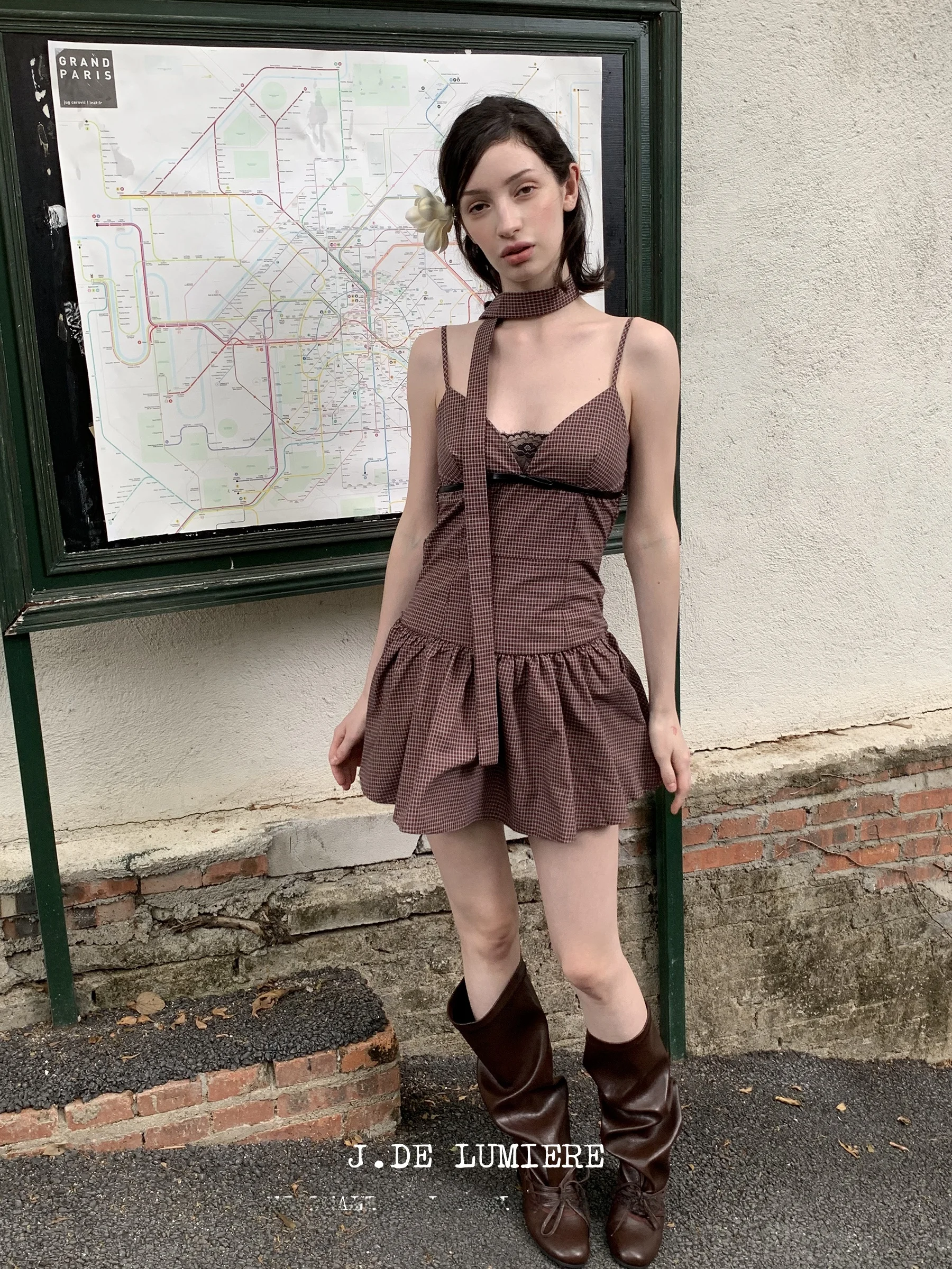 

JDE Summer Plaid Strap Dress Women's Short A-Line Slim Fit Waist Cinched Sleeveless Dress Casual Style V-Neck Cotton Material