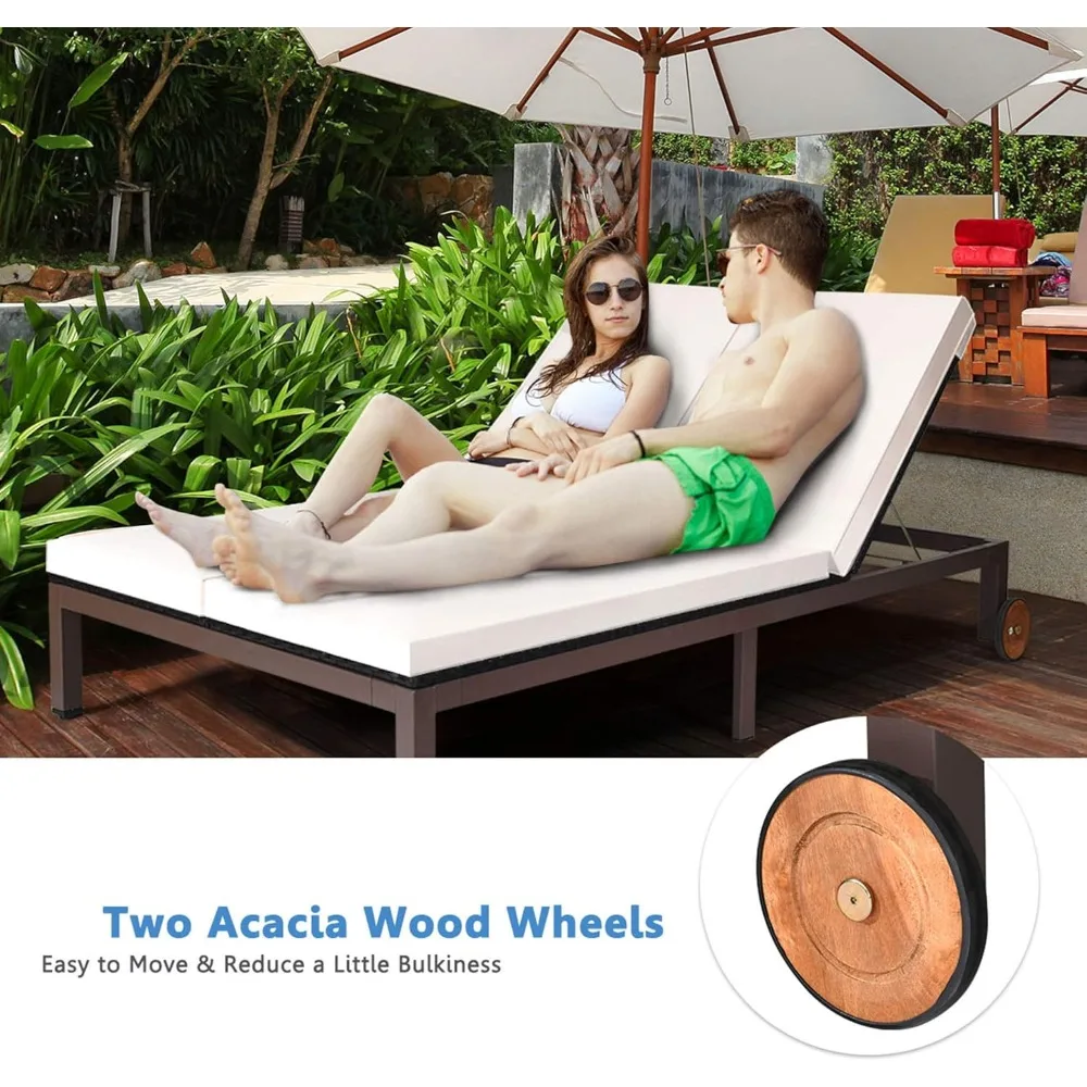 2-Person Patio Rattan Recliner Chair W/Wheels & Cushion, Double Wicker Daybed Chaise Lounge Chair with Adjustable Backrest, Out