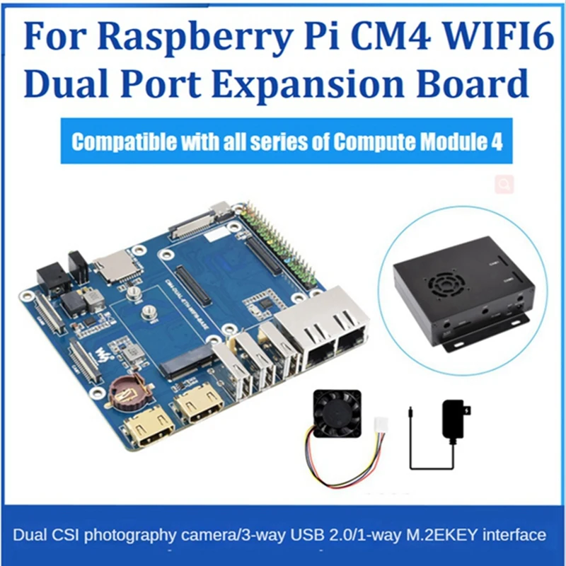 Waveshare For Raspberry Pi CM4 ETH Box Wifi6 Dual Network Port Expansion Board With Case For Compute Module 4 Lite/Emmc US Plug