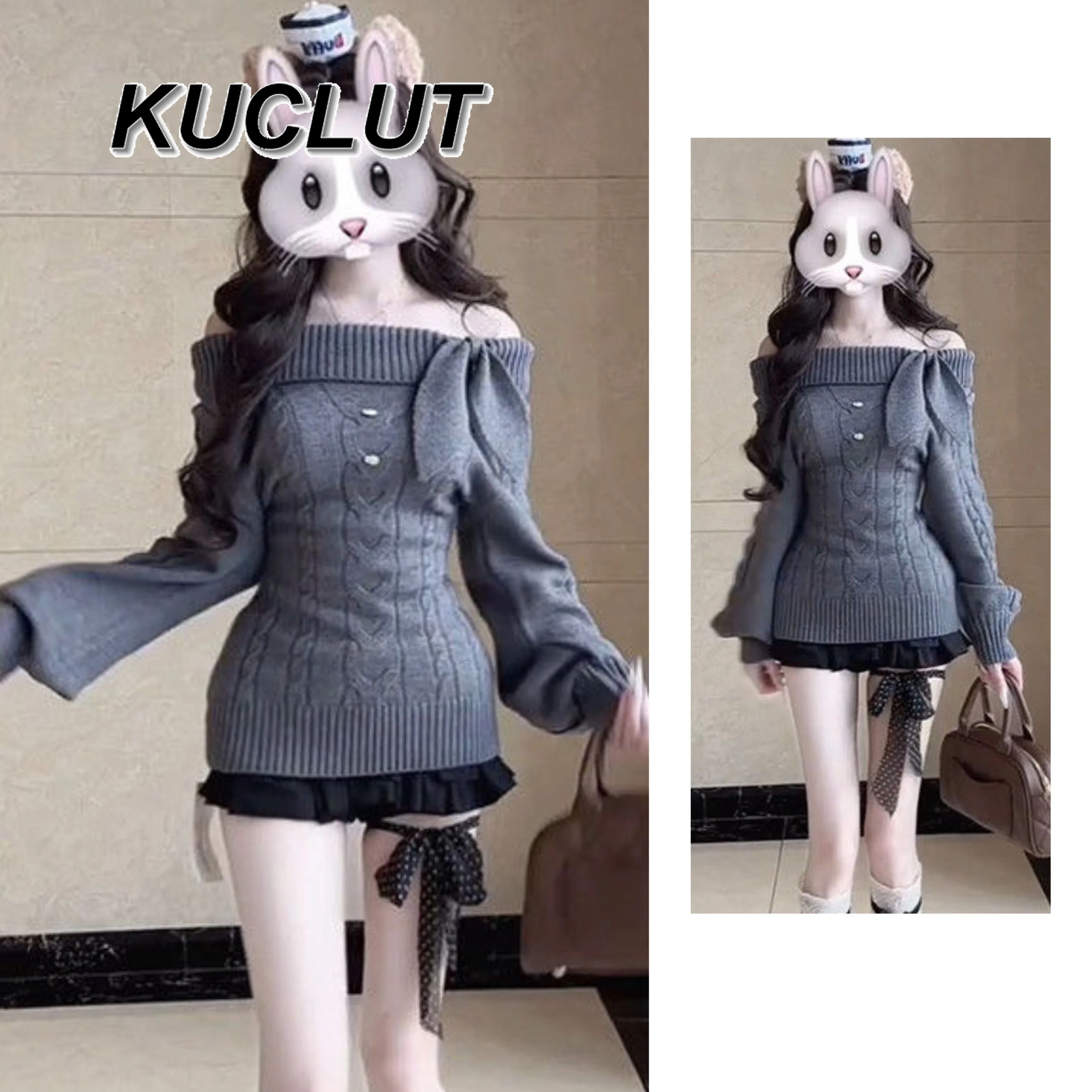 

Fashion Vintage Bow Off-Shoulder Pullover Sweater for Women Slim Fit Casual Knitted Top Femme Autumn and Winter 2025 New