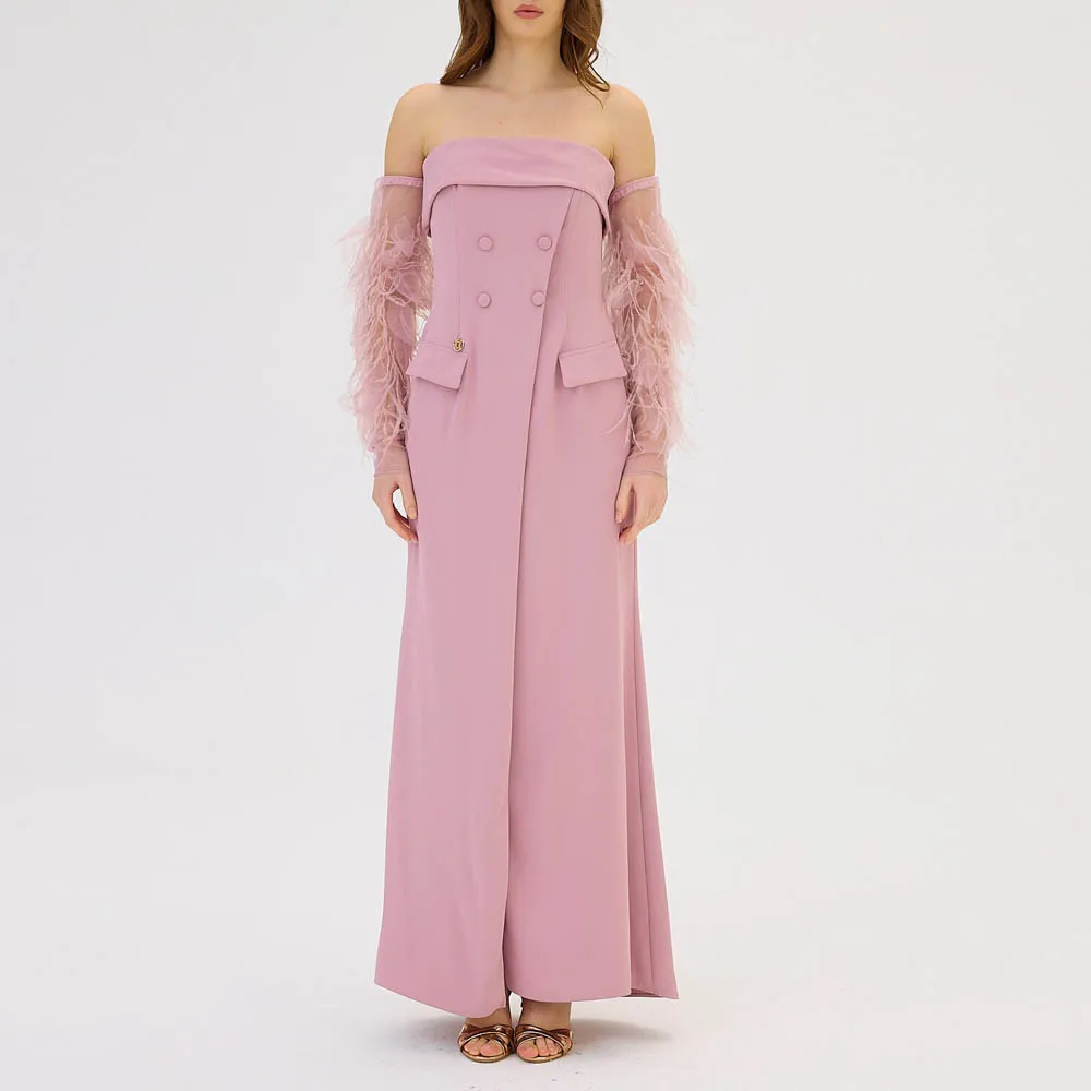 

Customized Pink Formal Dress with Feather Sleeve Strapless Front Button Evening Dresses Straight Tuxedus Style Coat Evening Gown