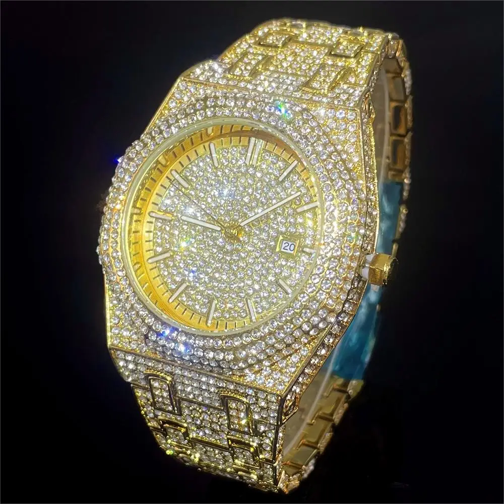 2024 Hot Luxury Iced Watch For Men Fashion Waterproof Quartz Wristwatch Cool Man Hip Hop Diamonds Bling Gold Watch Reloj Hombre