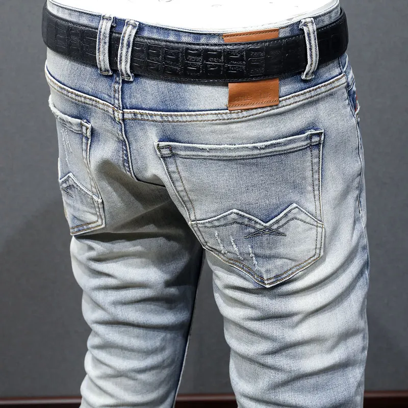 Italian Style Fashion Men Jeans Retro Light Blue Stretch Slim Fit Ripped Jeans Men Embroidery Designer Vintage Denim Pants