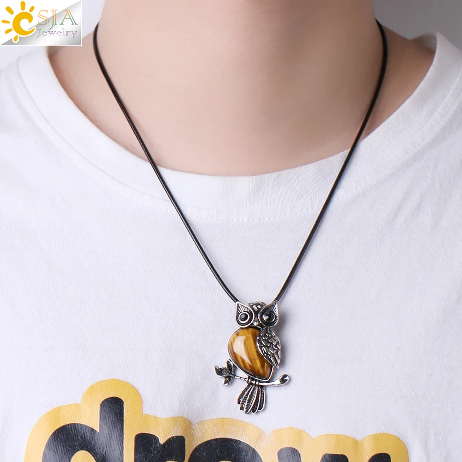 CSJA الحجر الطبيعي قطرة الماء قلادة قلادة للنساء Amult البومة الحيوان شفاء الوردي كريستال الخرزة مجوهرات الرجال القلائد H157