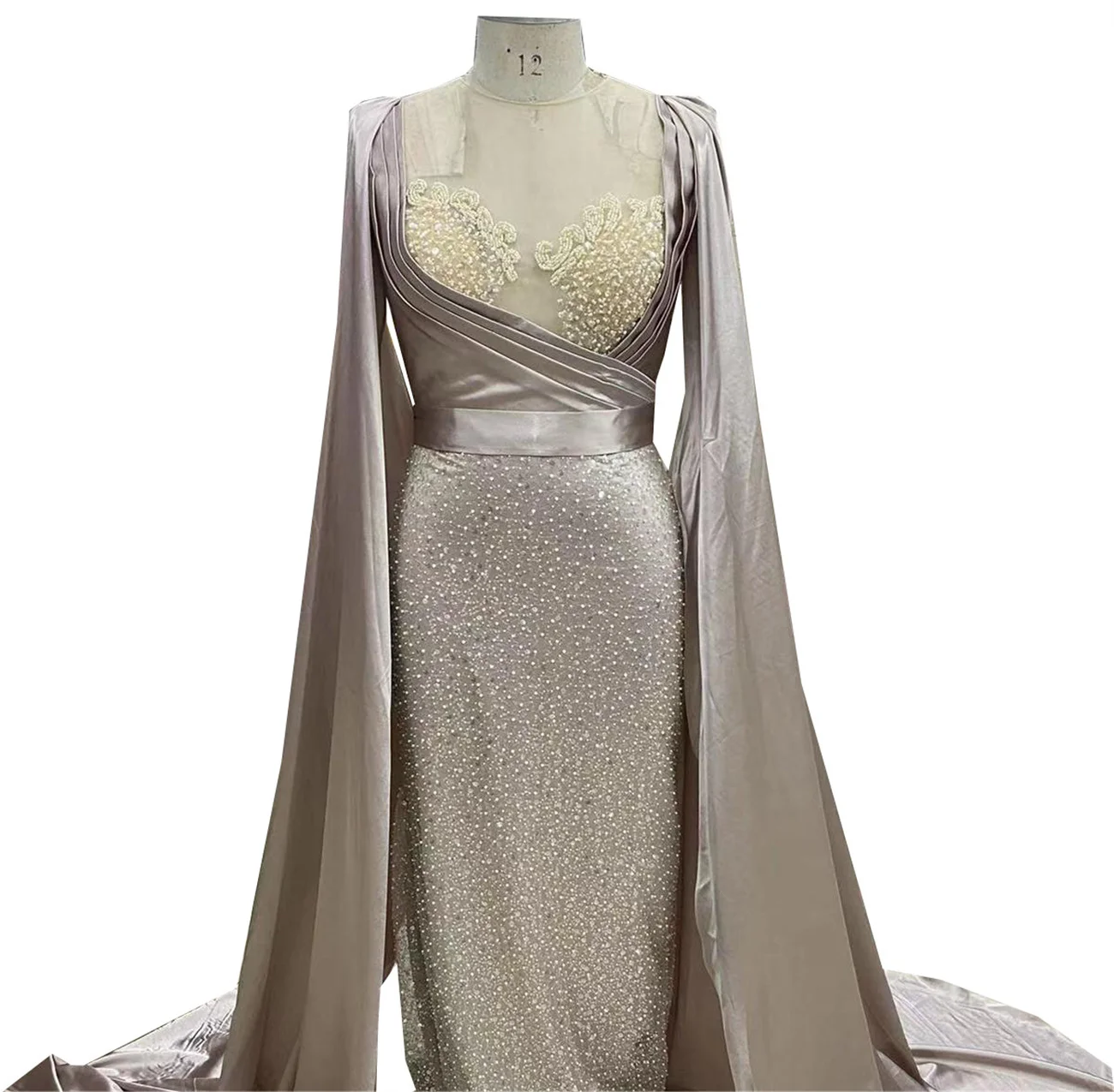 Arabisch Glitter Pailletten Abendkleider Mit Cape Geraffte Spitze Schatz Prom Party Formale Frauen Kleider Robe De Soirée De Mariage