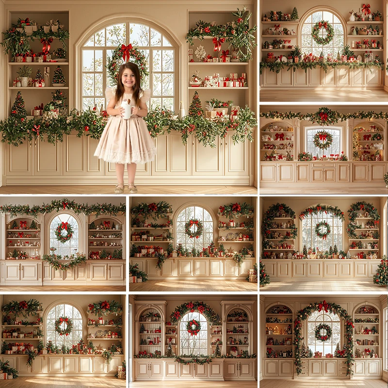 

LS Christmas Kitchen Photography Background Indoor Arch Window Cabinets Decors Kids Family Portrait Photo Backdrop Studio