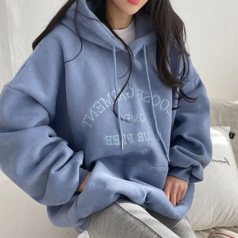 New Plush Hooded Sweatshirt Woman 2023 Autumn and Winter Street Loose Embroidery Casual Hoodies Women Sweatshirts