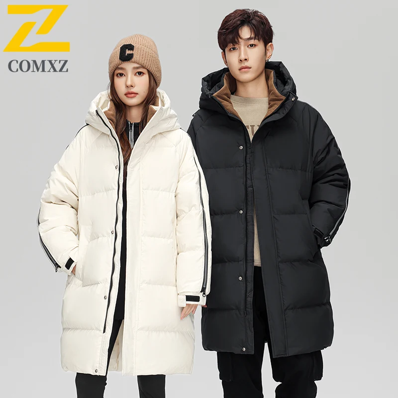 COMXZ Men Long Down Jacket High Quality 90 Percent Duck Down Skiing Warm Coat Fashion Zipper Design Hooded Winter Puffer Coat