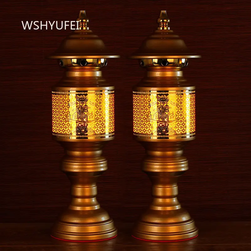 2pcs Golden Altar Lamps with Intricate Glowing Pattern Temple Style Table Lanterns for Home Meditation Room Decor Eternal Flame