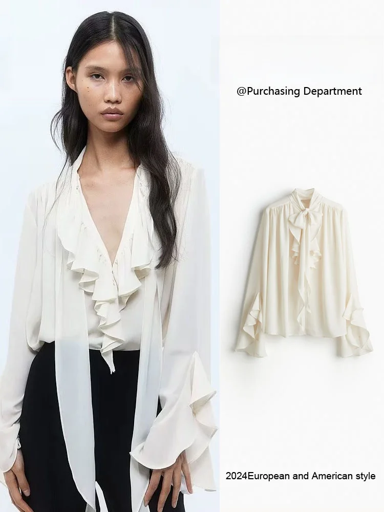 

Spring New Arrival Women's Faion Casual irt with Ruffle Collar Tied Top Long Sve Color Commute Sle 2644
