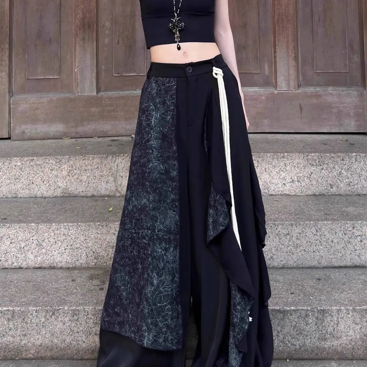 

Одежда унисекс, новая китайская юбка, брюки, дизайн, темный стиль, тонкий двухслойный, широкие штанины, нерегулярные, высококачественные, женские, ретро-арт, кунг-фу