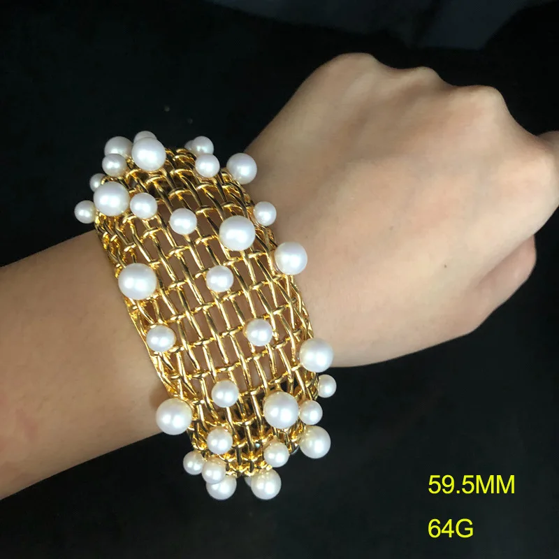 Copper Gold-Plated High-End Bracelet Hollow Design Pearl Bracelet Heavy Industry Western Style Antique All-Match Women's Fashion