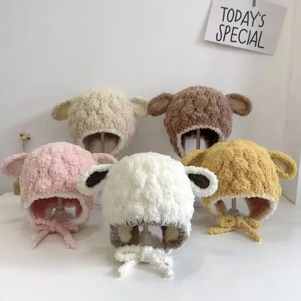

Cute Lamb Plush Animal Hats Scarf Fashion Design Solid Color Children Fleece Hat Cartoon Muffler Plush Hat with Scarf Girls