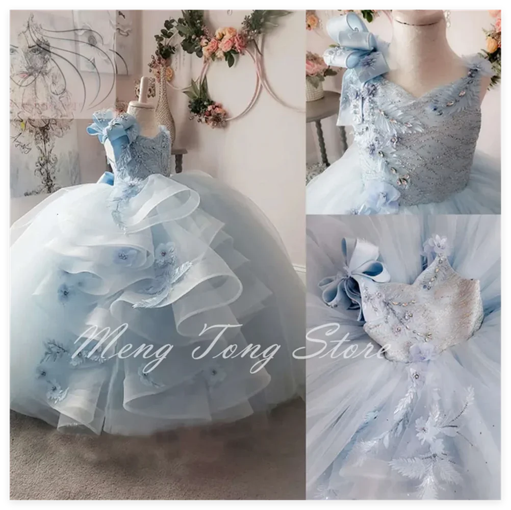 Vneck Blue Gowns Pageant Made Sleeveless Bow Sequins Beaded Lace Flower Girl Dress Tiered Tulle Sweep Train Kids Party Gown