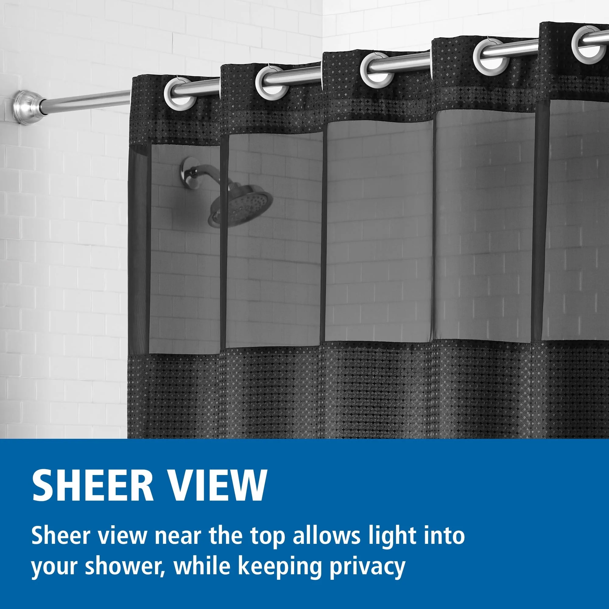 Легко повесить тканевую занавеску для душа со встроенными кольцами, 70 x 74 дюйма, черную