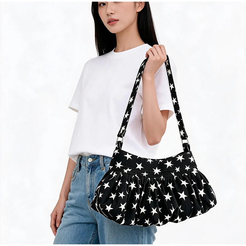 Koreanische Umhängetasche mit Polka Dots, große Tragetasche mit plissiertem Design und Holzknopf-Dekor, niedliche lässige Handtasche für Mädchen – Detail 39