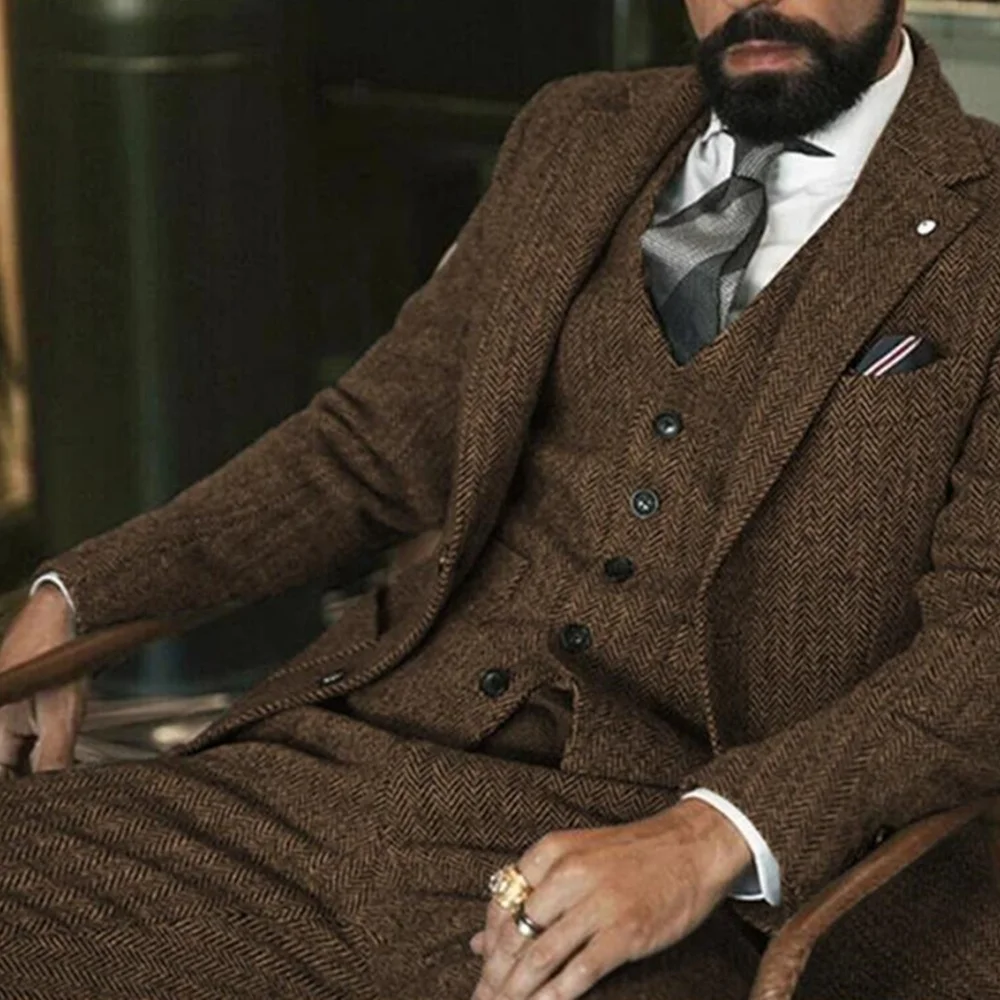 الرجال الشتاء تويد الصوف رمادي سليم صالح الزفاف الرسمي Terno هيكل السمكة 3 قطعة بدلة التدخين الذكور Ternos Ca