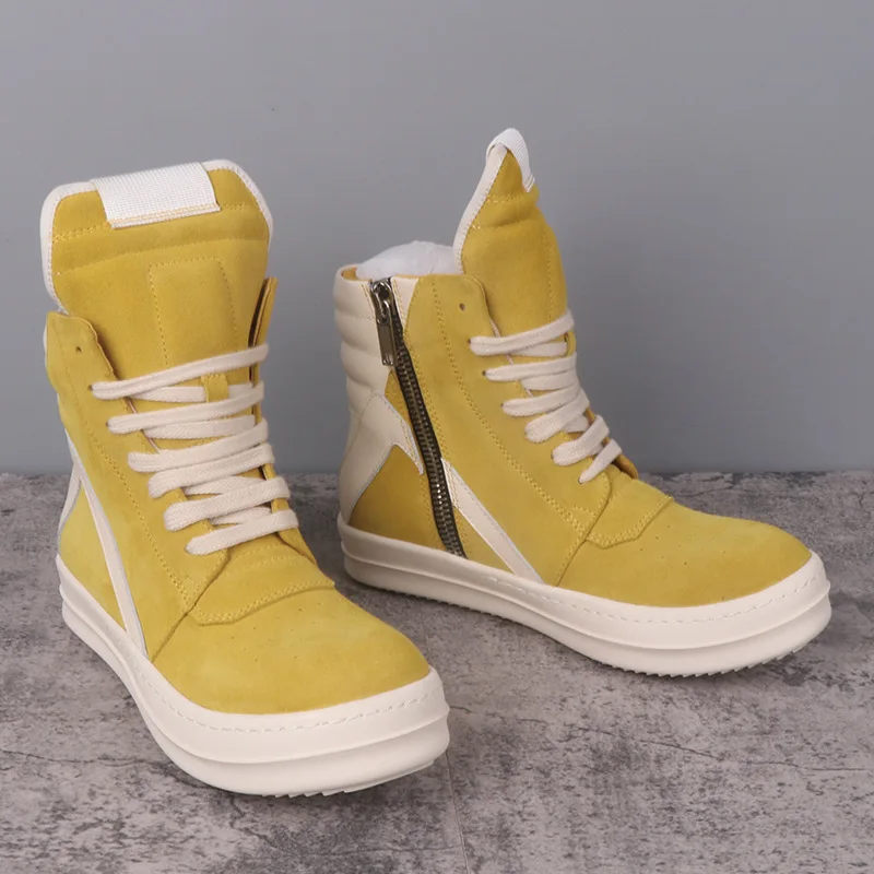 Men Women High Top Shoes Suede Leather Casual Sneakers Luxury Lace Up Zip Autumn Yellow Designer Boots