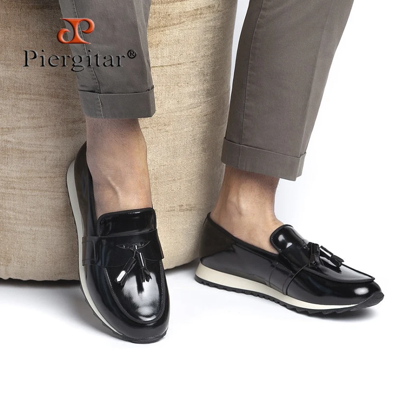 Piergitar Black Polished Leather Active Sneakers With Bands And Tassels Hand-Brushed Calfskin Belgian Style Men's Casual Shoes