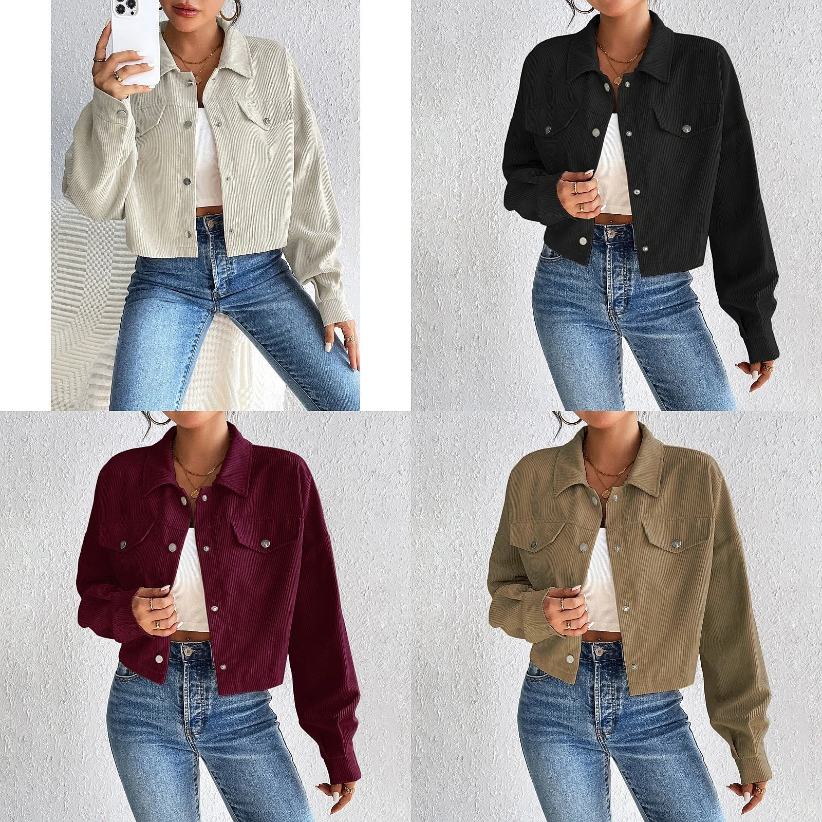 

Autumn Winter Short Jacket Women Polo Neck Button Casual Outerwear Female Coats