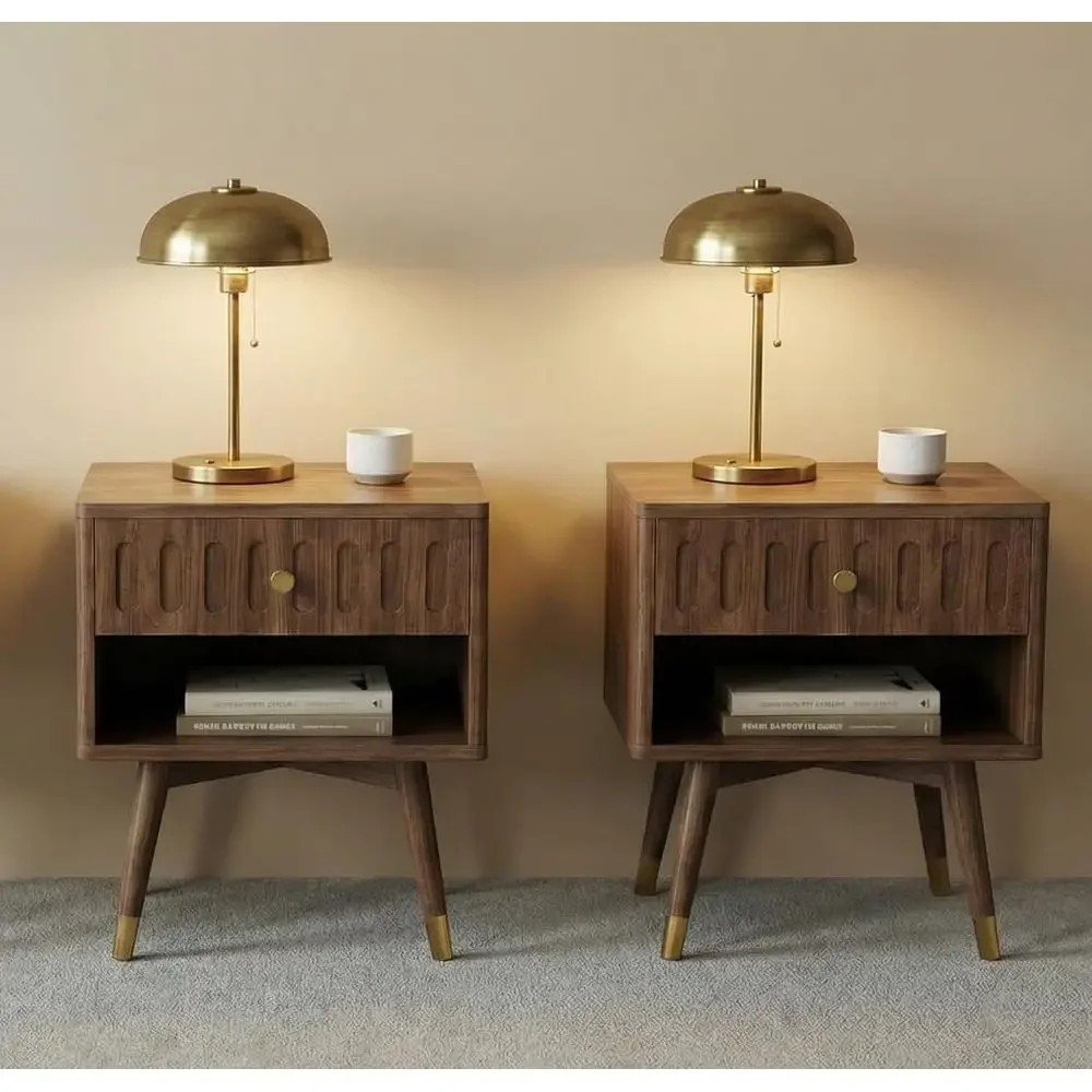 

Walnut 2-Piece Nightstand Set with Charging Station, Open Shelf, and Metal Legs