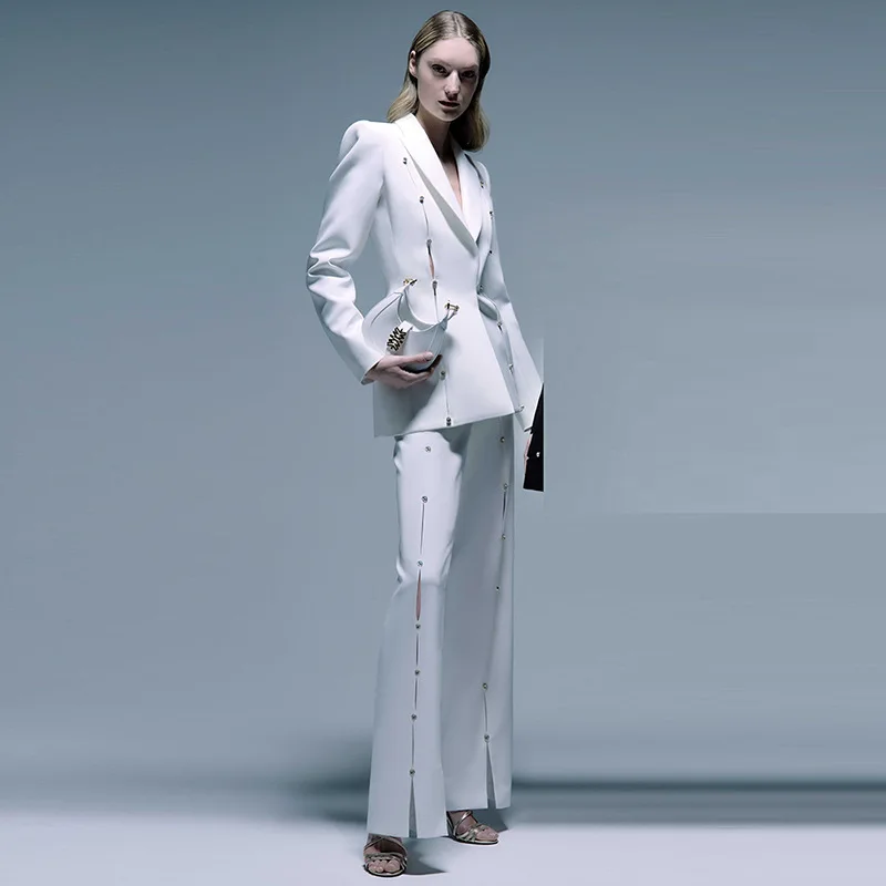 

Diamonds Hollow Out Blazer Pants Two Piece Set Spring Women Long Sleeves Slim Jacket+High Waist Straight Trousers Autumn Outfit