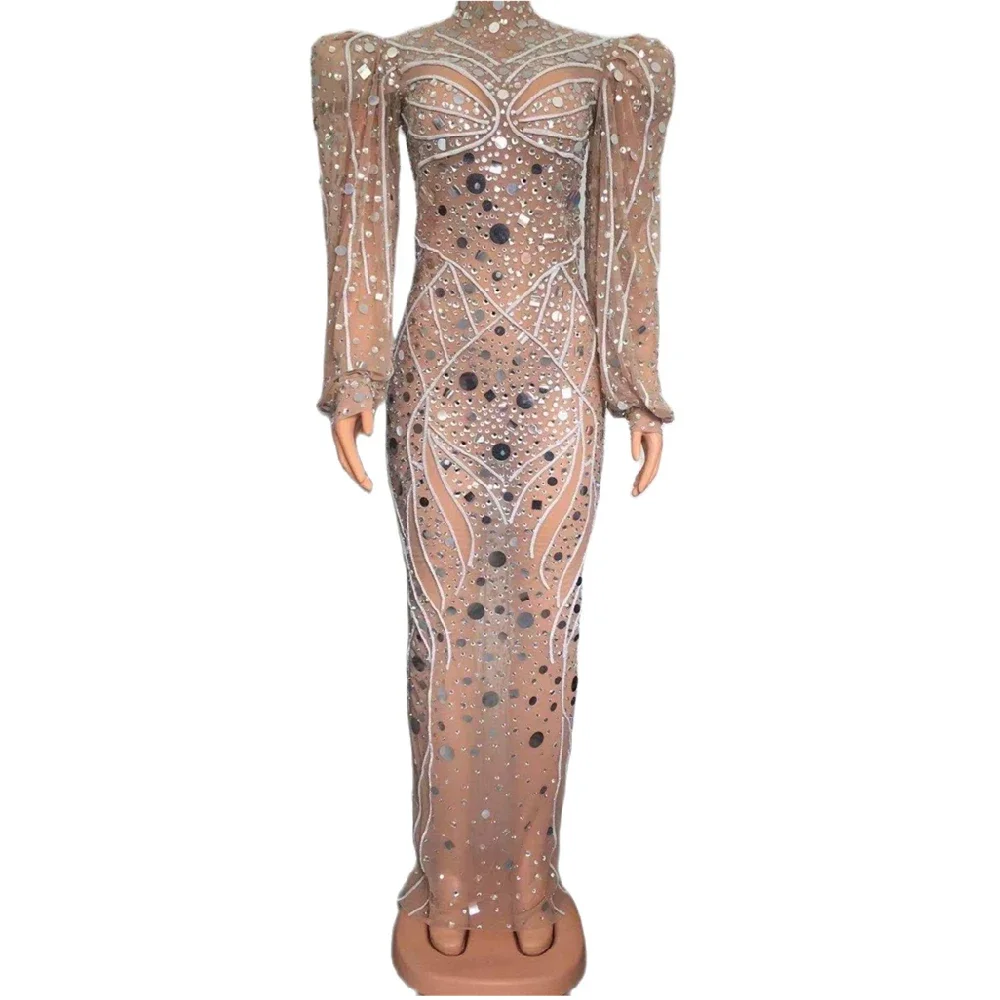 

Shining Sequins Rhinestones Puff Sleeves Sexy Women Fashion Dress Evening Party Cloth Stage Singer Perform Show Costume