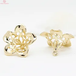 (3215)4PCS 15MM 24K Gold Color Plated Brass Flower Beads Caps with Half Pins Tassel Caps Jewelry Findings Earrings Accessories