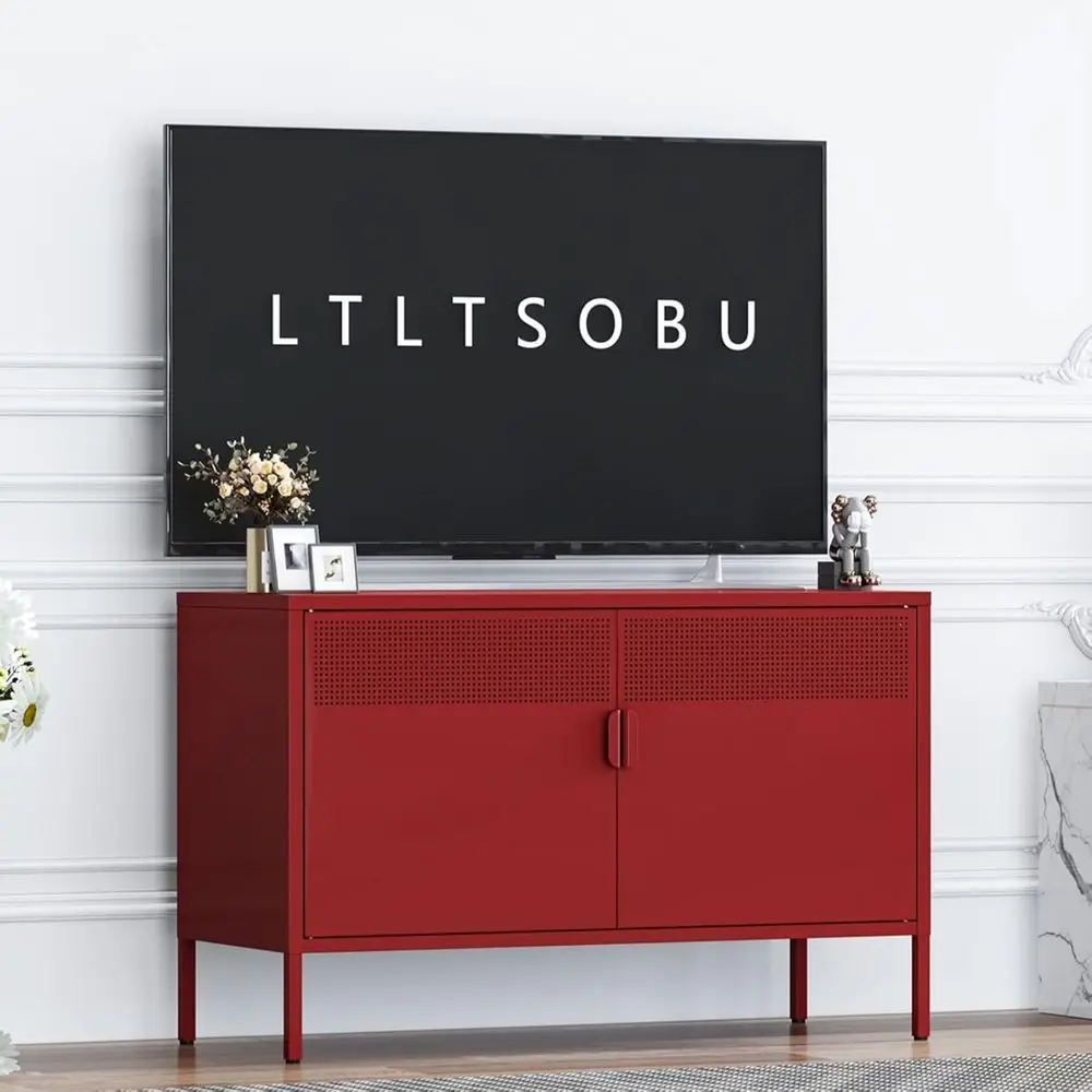 

Metal Storage Locker Cabinet with 2 Do& Adjustable Shelves, 25" Red Accent urniture, Multipose Oice or TV Stand or Home Entryway