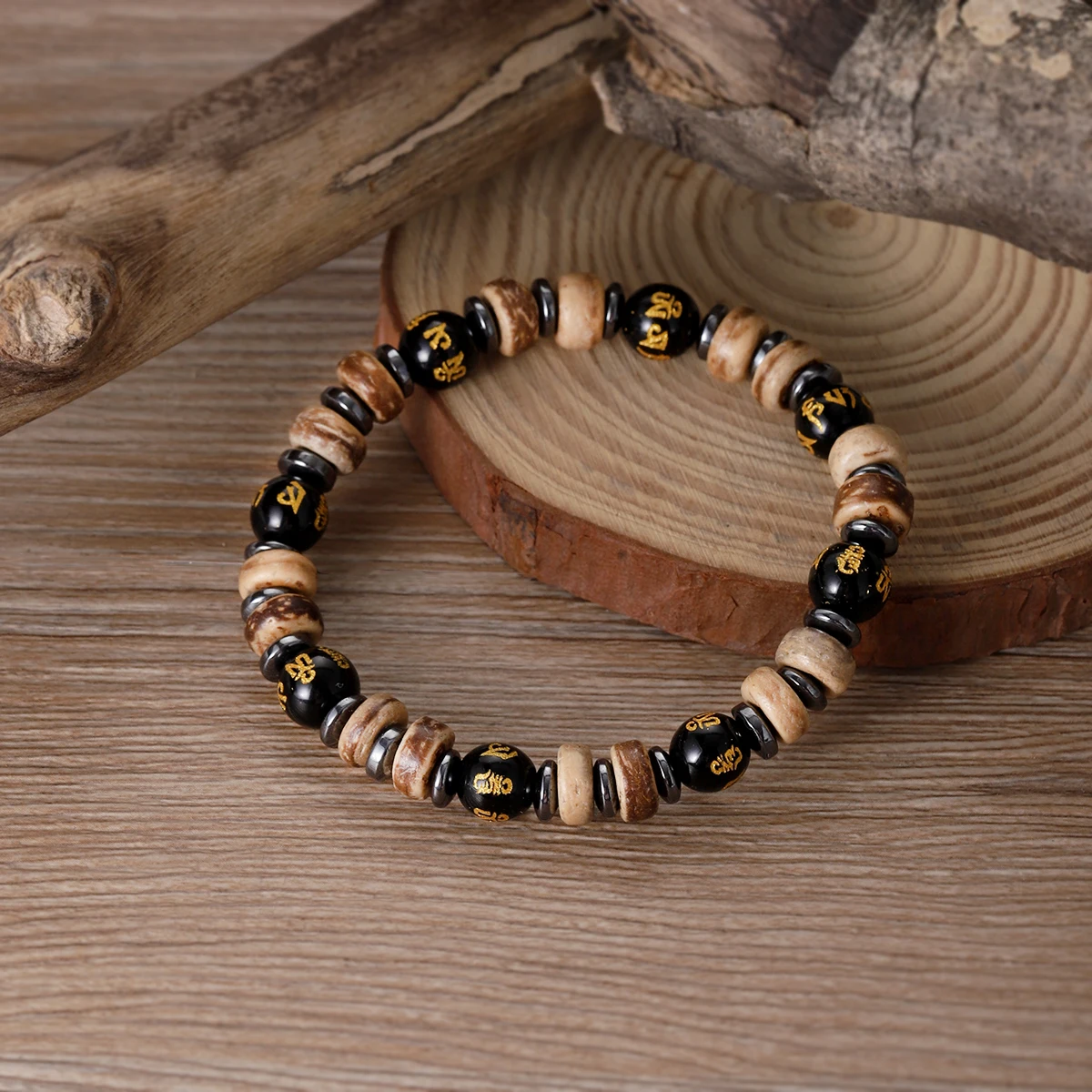 Ethnic New Buddha Stone Obsidian Hematite Bracelet for Men Vintage Natural Coconut Shell Beads Handmade Bracelets Homme Jewelry